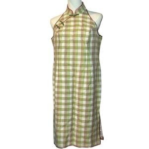 VTG 90s Cheongsam Halter Dress Size 4 Sage Green Gingham Plaid Wiggle Qipao